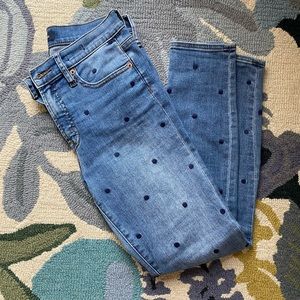 J CREW Med Wash Polka Dot Embroidery 9" High Rise Toothpick Jeans